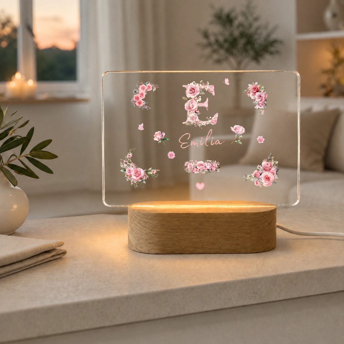 Personalisierte Rosen-Monogramm LED Nachtlampe mit Namen | Individuelle Acryl Lampe als Geschenk für Mädchen, Schwestern, beste F