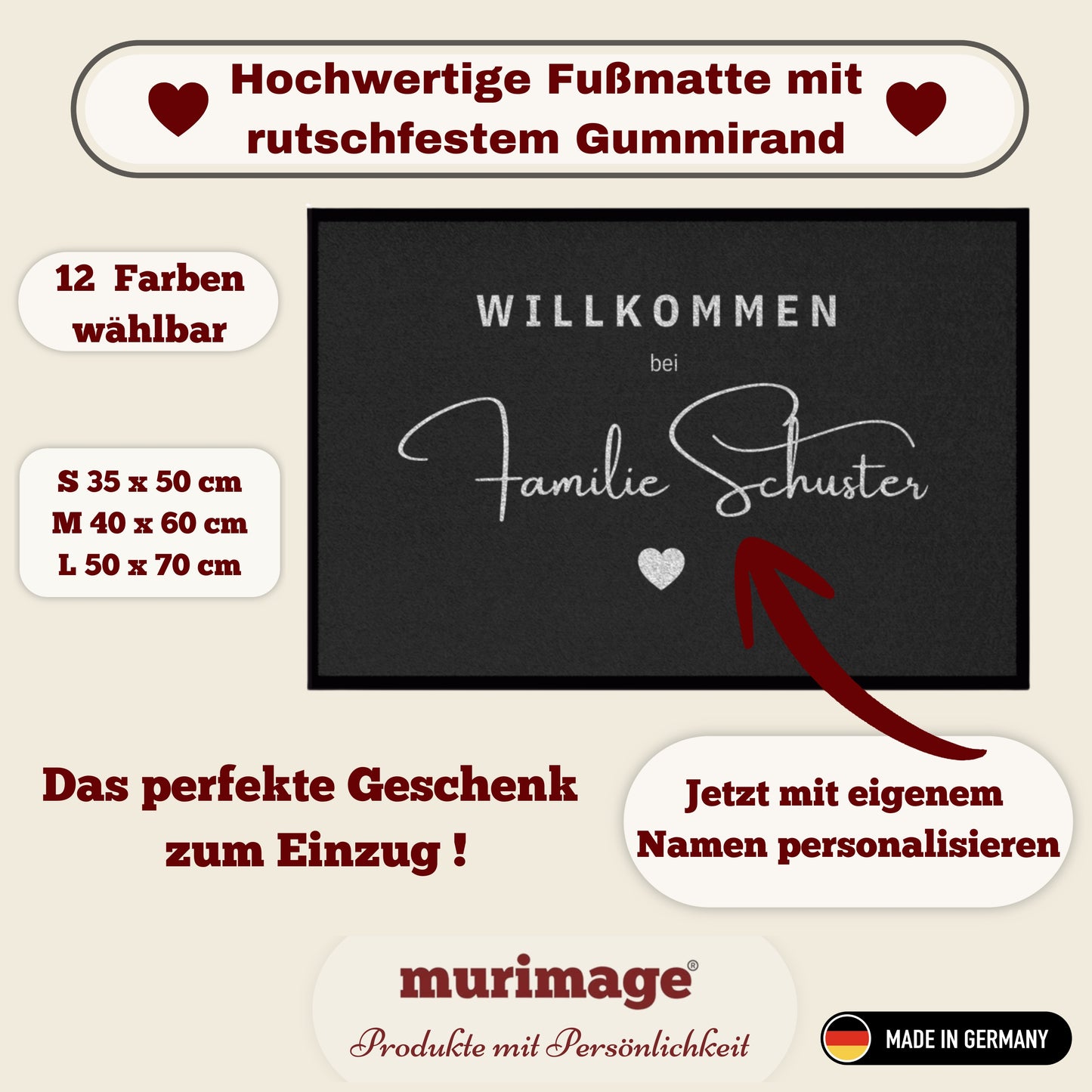 Personalisierte Willkommen Fußmatte mit Familiennamen – Individuelle Türmatte mit rutschfestem Gummirand, Geschenk zum Einzug