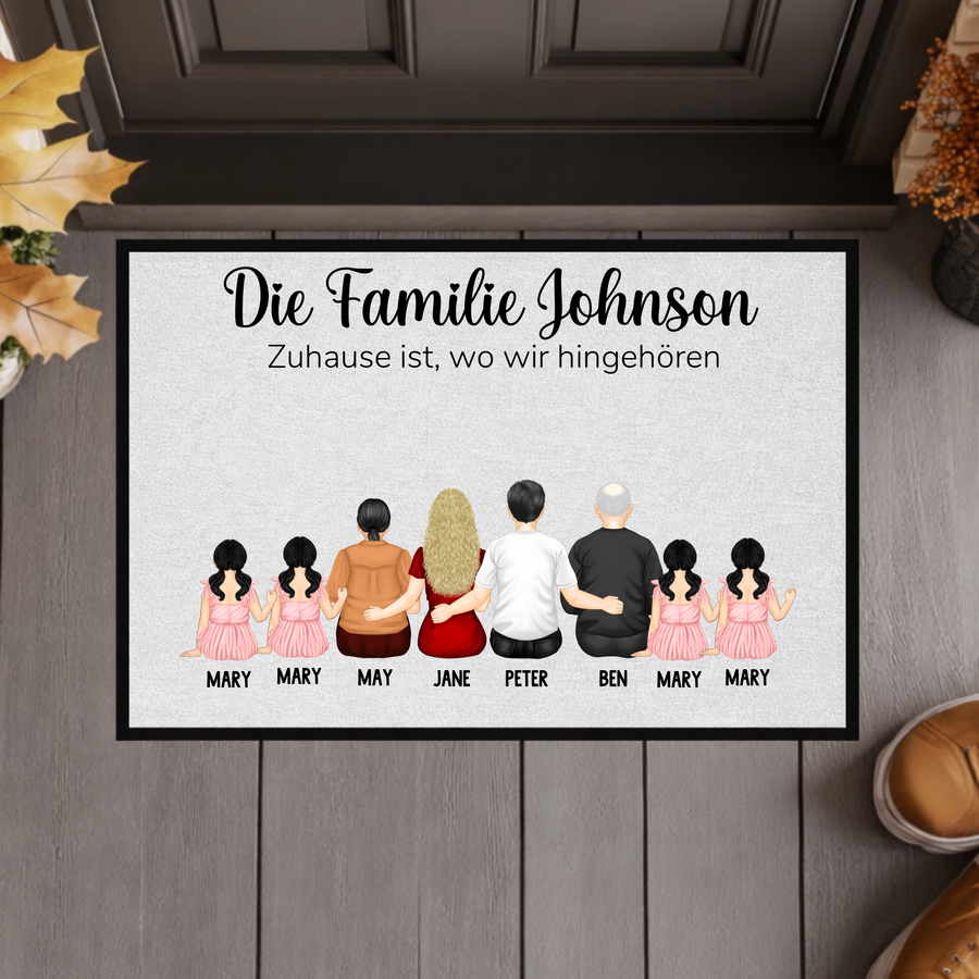 Personalisierte Familien-Fußmatte mit Namen – Individuelle Fußmatte mit Familiennamen – Willkommen Fußmatte „Die Familie“ – Einzugsgeschenk für neues Zuhause
