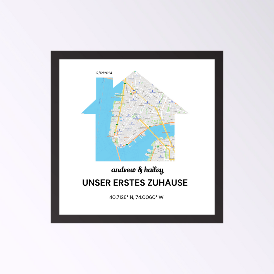 Personalisierte Lovers’ First Home Straßenkarte auf Leinwand – Quadratisches Wandbild mit Namen & Datum