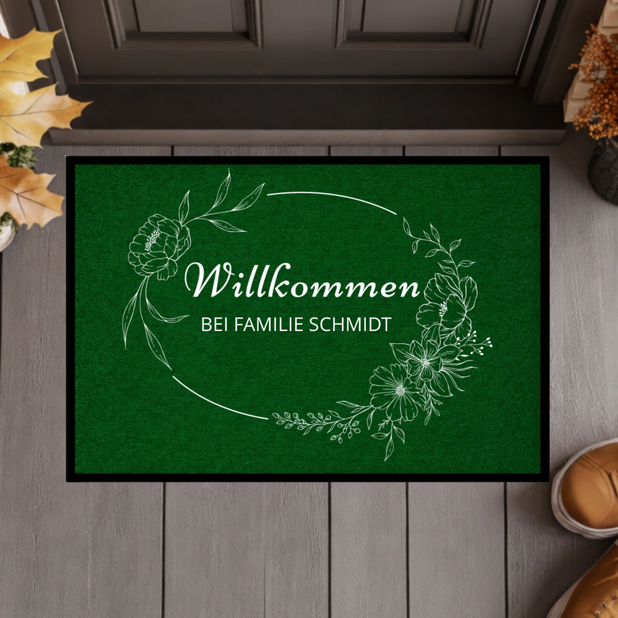 Personalisierte Blumenkranz Willkommen Fußmatte mit Familiennamen – Individuelle schwarze Eingangsmatte, Geschenk zum Einzug