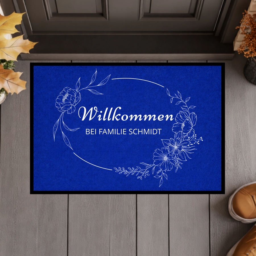 Personalisierte Blumenkranz Willkommen Fußmatte mit Familiennamen – Individuelle schwarze Eingangsmatte, Geschenk zum Einzug