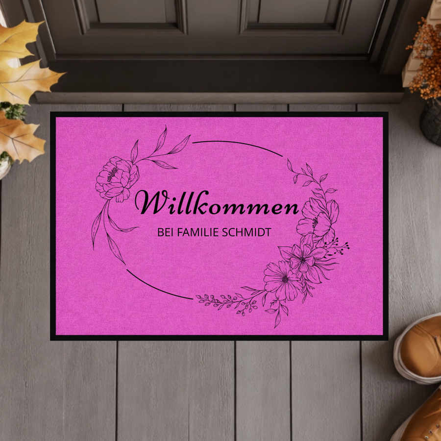 Personalisierte Blumenkranz Willkommen Fußmatte mit Familiennamen – Individuelle schwarze Eingangsmatte, Geschenk zum Einzug