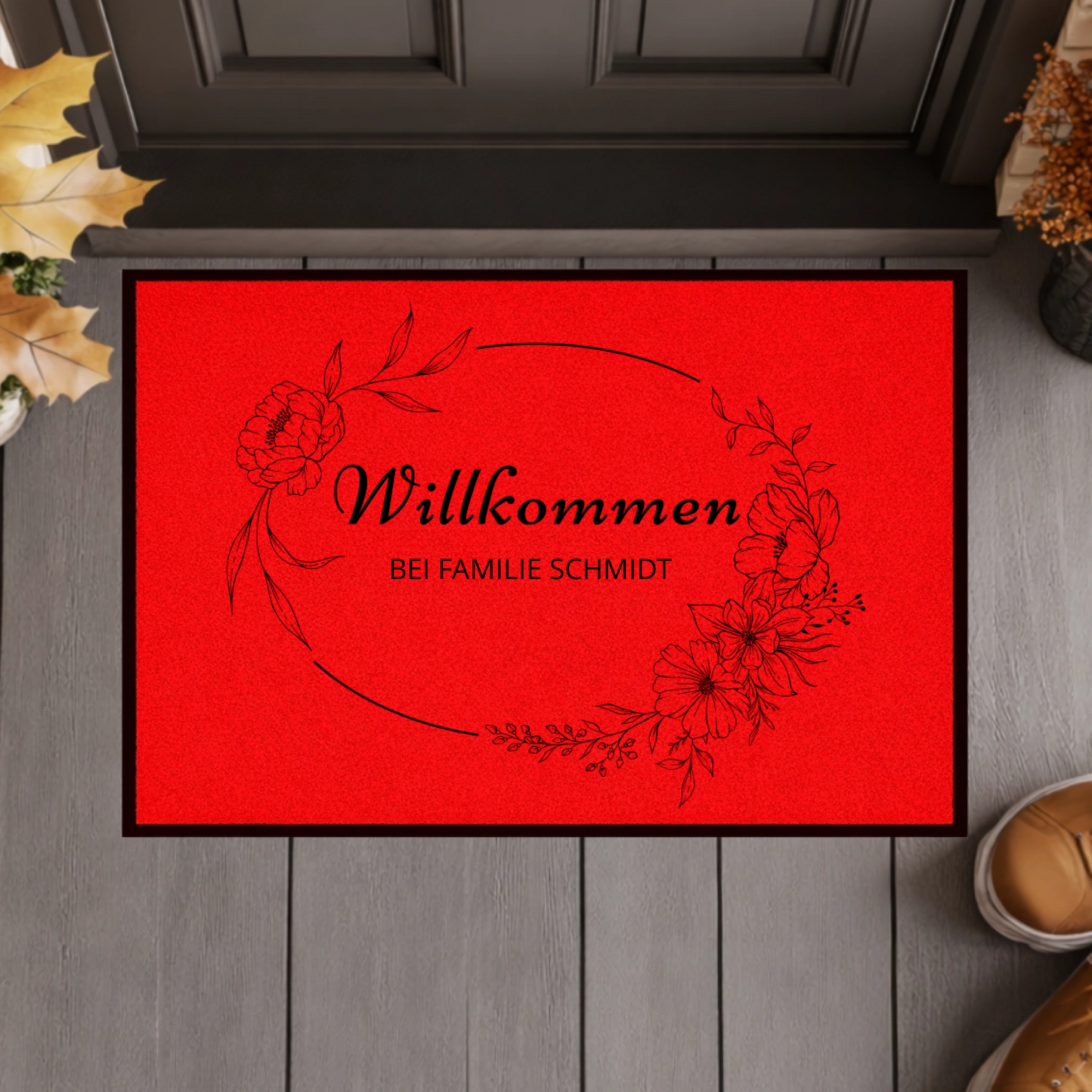 Personalisierte Blumenkranz Willkommen Fußmatte mit Familiennamen – Individuelle schwarze Eingangsmatte, Geschenk zum Einzug