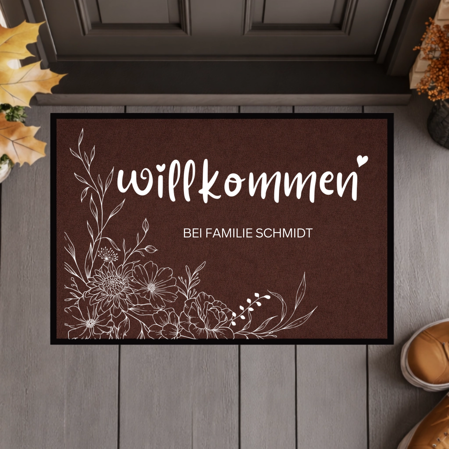 Personalisierte Blumen Willkommen Fußmatte mit Familiennamen – Individuelle Eingangsmatte, Geschenk zum Einzug