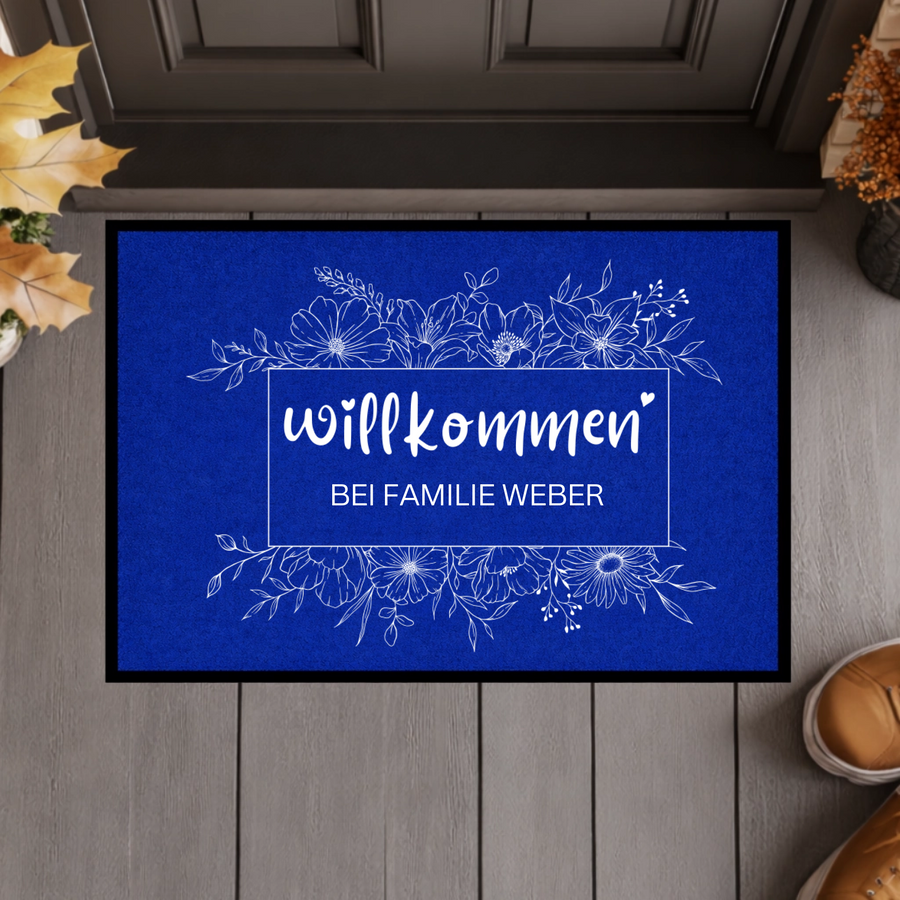 Personalisierte Wildblumen Fußmatte – Willkommen Matte mit Familienname & Gummirand