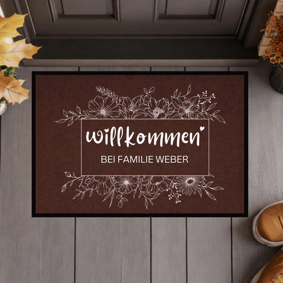 Personalisierte Wildblumen Fußmatte – Willkommen Matte mit Familienname & Gummirand