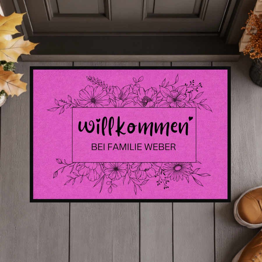 Personalisierte Wildblumen Fußmatte – Willkommen Matte mit Familienname & Gummirand