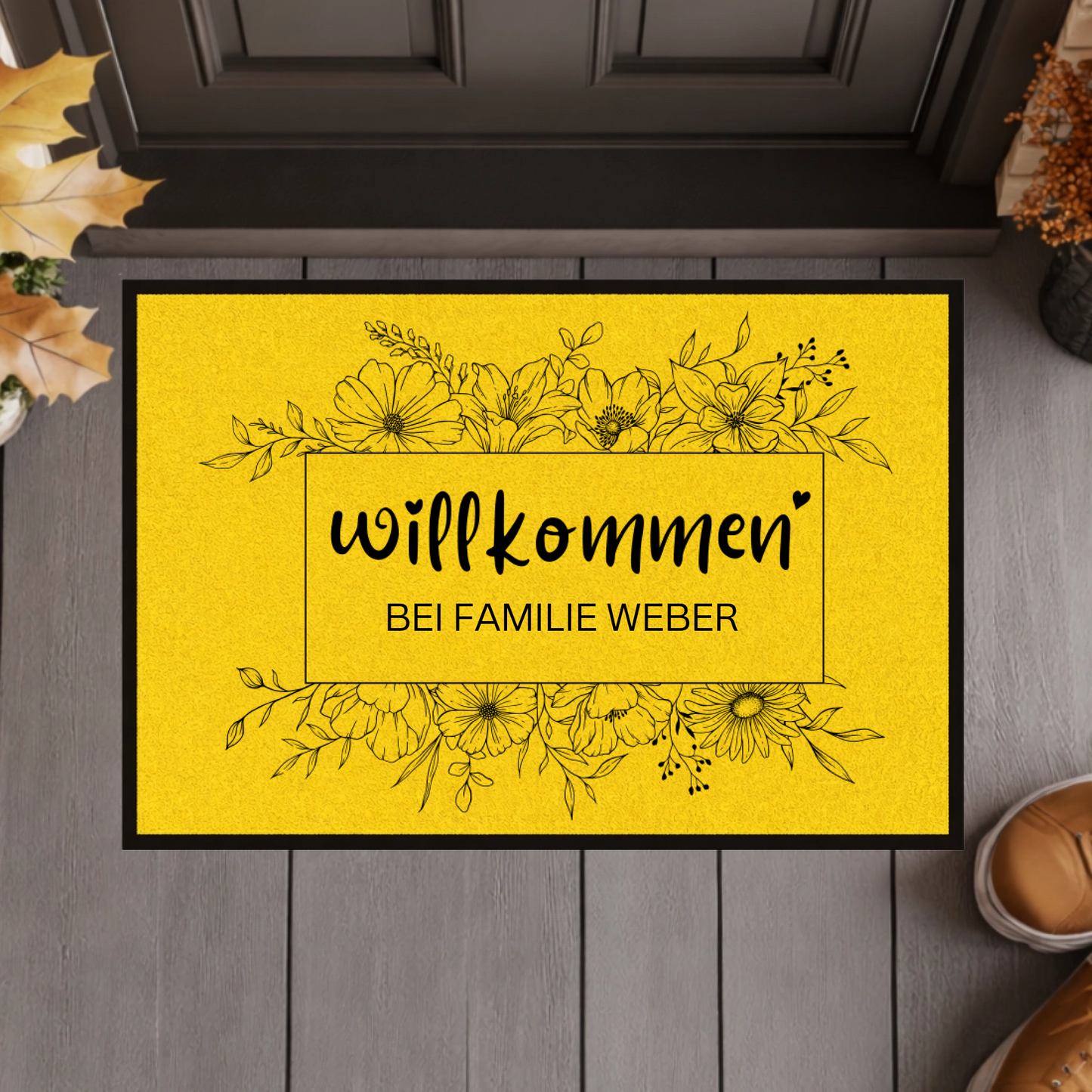 Personalisierte Wildblumen Fußmatte – Willkommen Matte mit Familienname & Gummirand