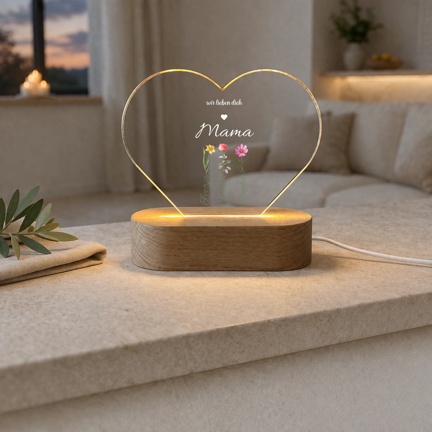 Mama Geschenk personalisiert mit Kindernamen | Leuchtende Acrylglas Dekolampe