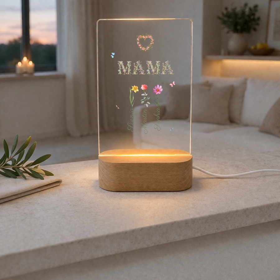 Personalisierte Mama Lampe mit floralen Namen | LED Geschenk für Mutter