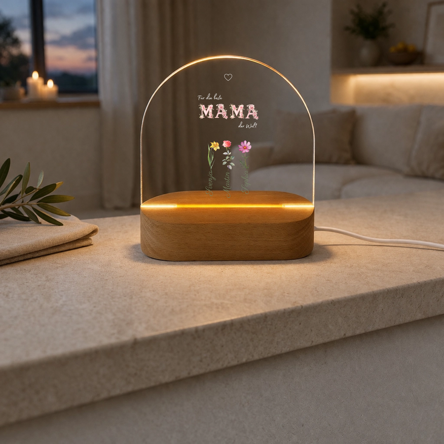 Personalisierte Mama Lampe mit floralen Details | Modernes LED Nachtlicht