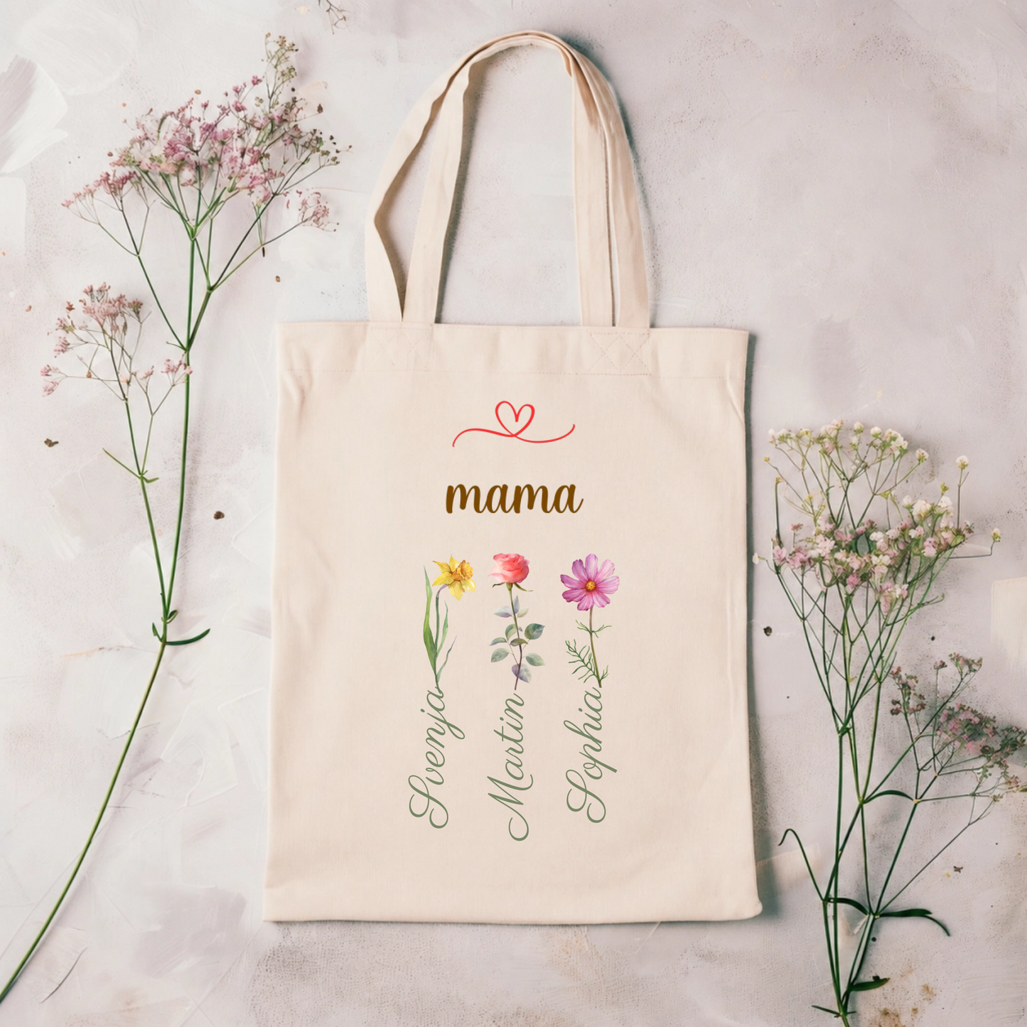 Personalisierte Mama Stofftasche mit Blumen & Kindernamen | Baumwolltasche mit Wunschname