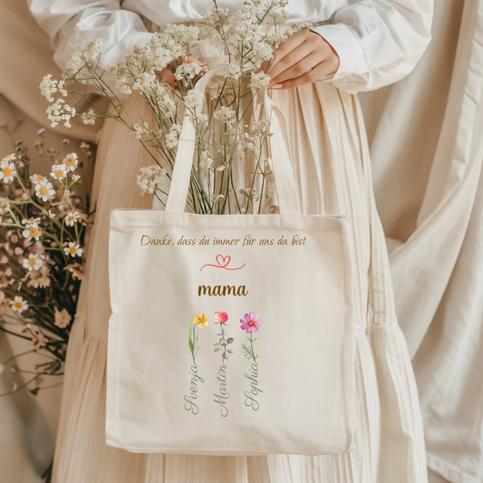 Persönliche Mama Tasche mit Blumen | Individuelles Geschenk für Mutter