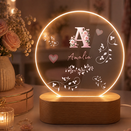 Personalisierte LED Nachtlampe mit Rosen Monogramm & Namen | Individuelle Acryl Lampe als romantisches Geschenk für Frauen, Mädchen & Schlafzimmer Deko