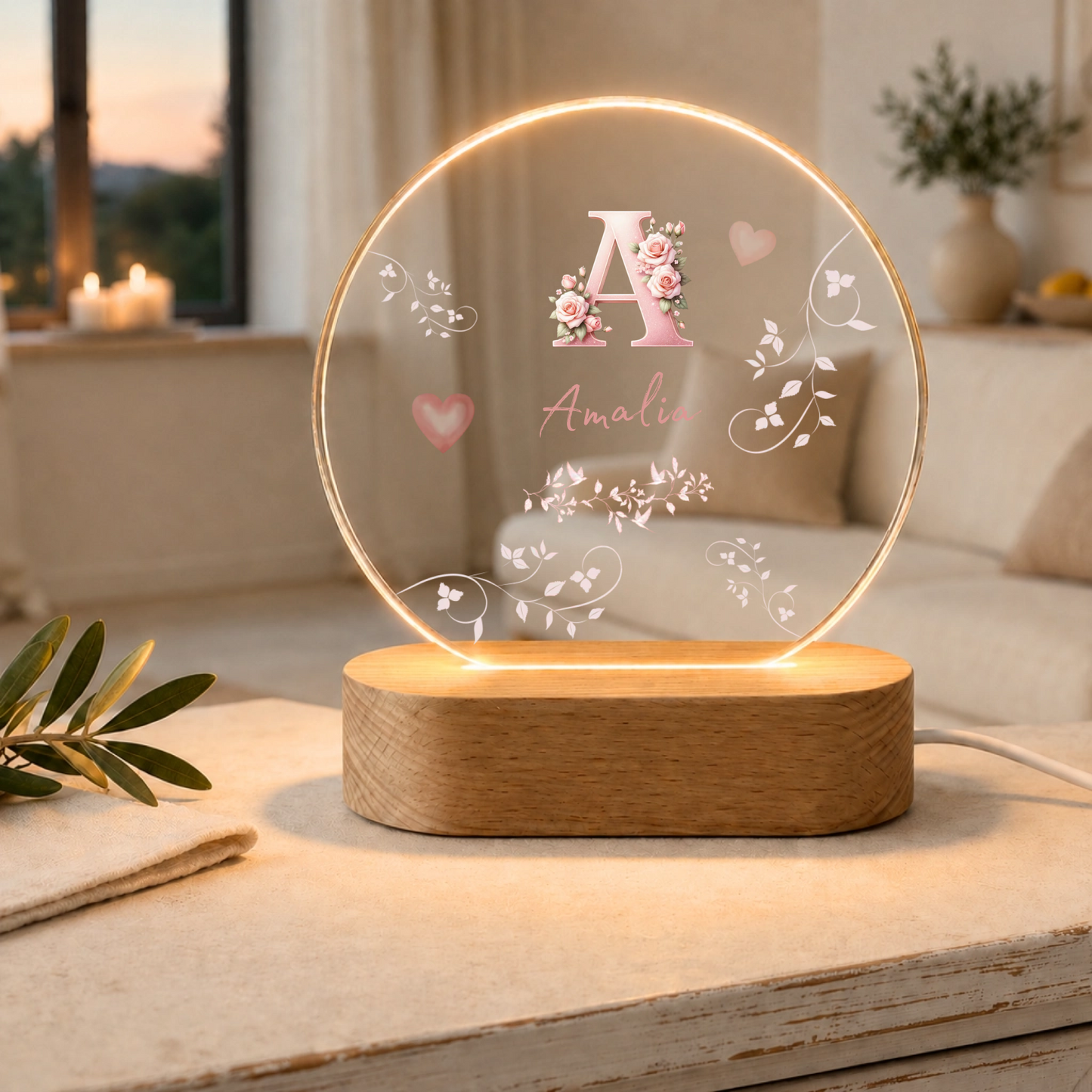 Personalisierte LED Nachtlampe mit Rosen Monogramm & Namen | Individuelle Acryl Lampe als romantisches Geschenk für Frauen, Mädchen & Schlafzimmer Deko