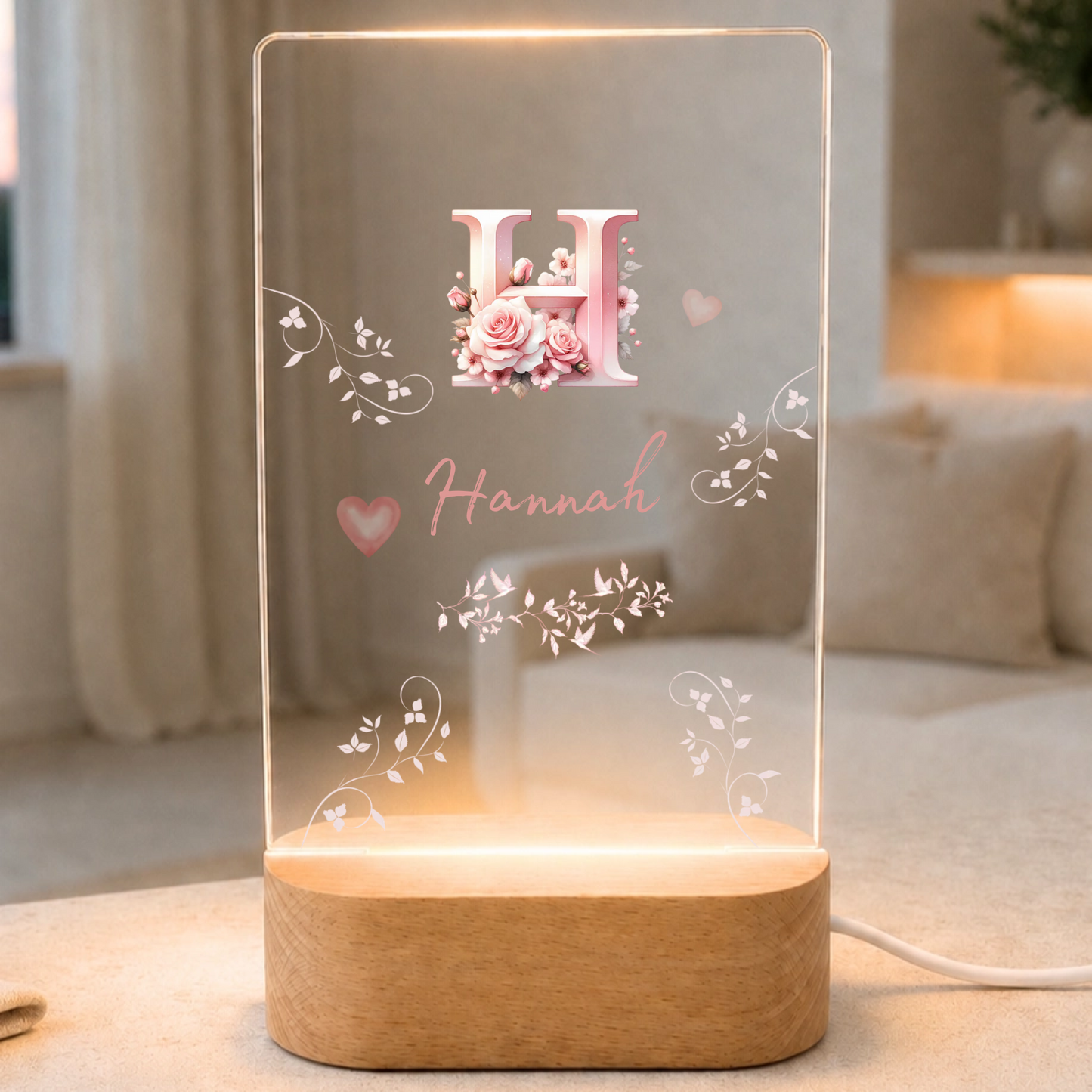 Personalisierte LED Nachtlampe mit Rosen Monogramm & Namen | Individuelle Acryl Lampe als romantisches Geschenk für Frauen, Mädchen & Schlafzimmer Deko