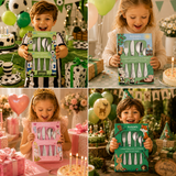 Alle 4 Kinderbesteck-Designs im Überblick im Milieu– personalisiert mit Gravur, 4-teilig Edelstahl