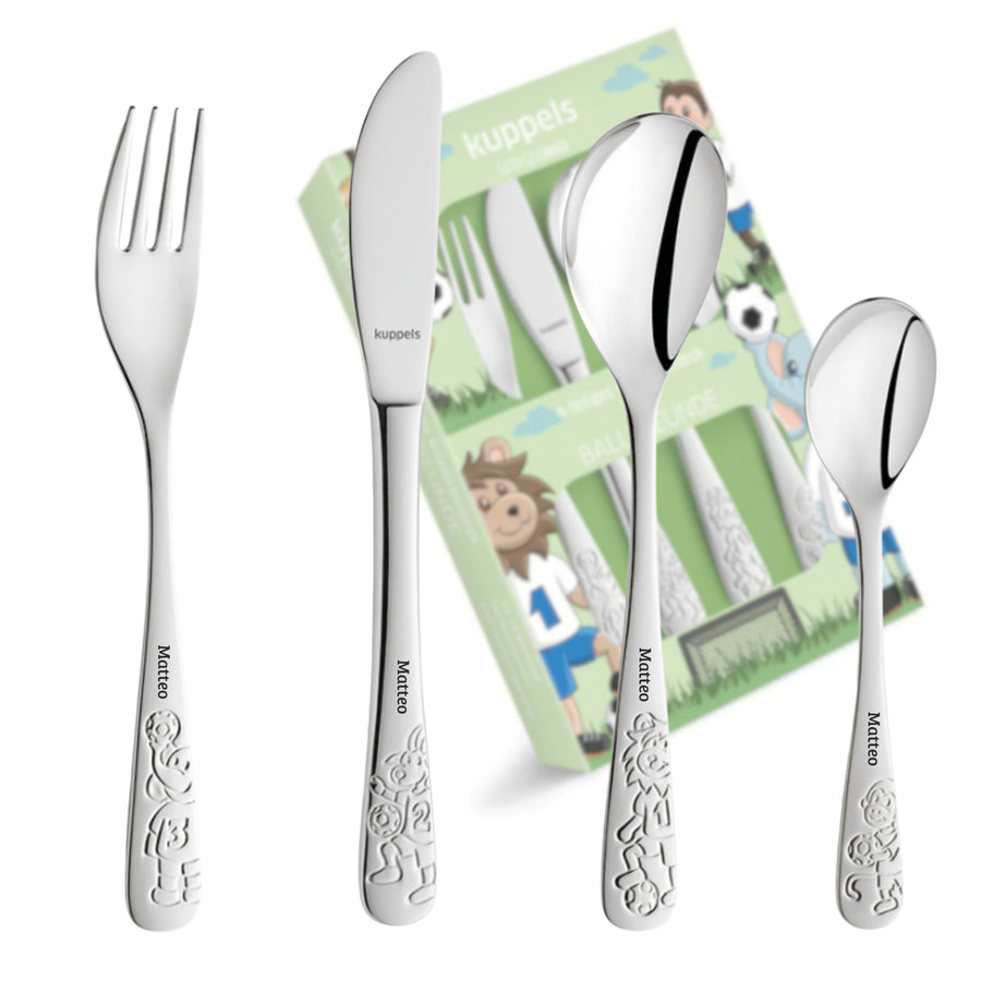 4-teiliges Edelstahl Kinderbesteck Bauernhof-Design ausgepackt – Messer, Gabel, großer und kleiner Löffel