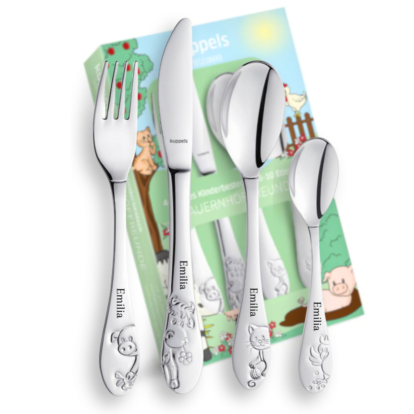 Kinderbesteck mit Gravur personalisiert I 4teilig aus Edelstahl I Namensgravur I Bauernhof-Design I Besteck mit Namen I Personalisiertes Geschenk für Kinder I Taufgeschenk