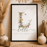 Poster Wildblumen Monogramm Love Line Schrift – Personalisiertes Namensposter mit Geburtsdaten & Initiale