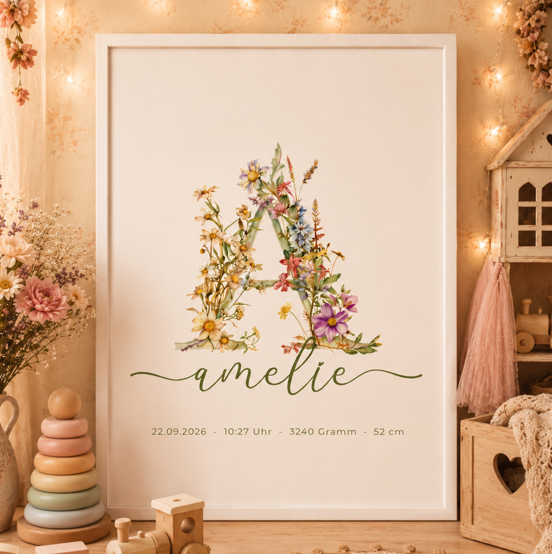 Poster Wildblumen Monogramm Love Line Schrift – Personalisiertes Namensposter mit Geburtsdaten & Initiale