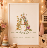 Poster Wildblumen Monogramm Love Line Schrift – Personalisiertes Namensposter mit Geburtsdaten & Initiale