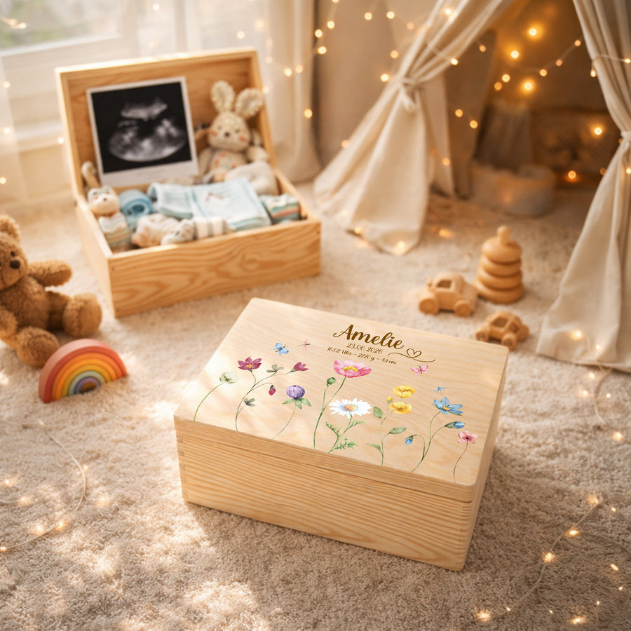 Personalisierte Erinnerungsbox aus Holz mit Wildblumen | Memory Box mit Name & Geburtsdaten