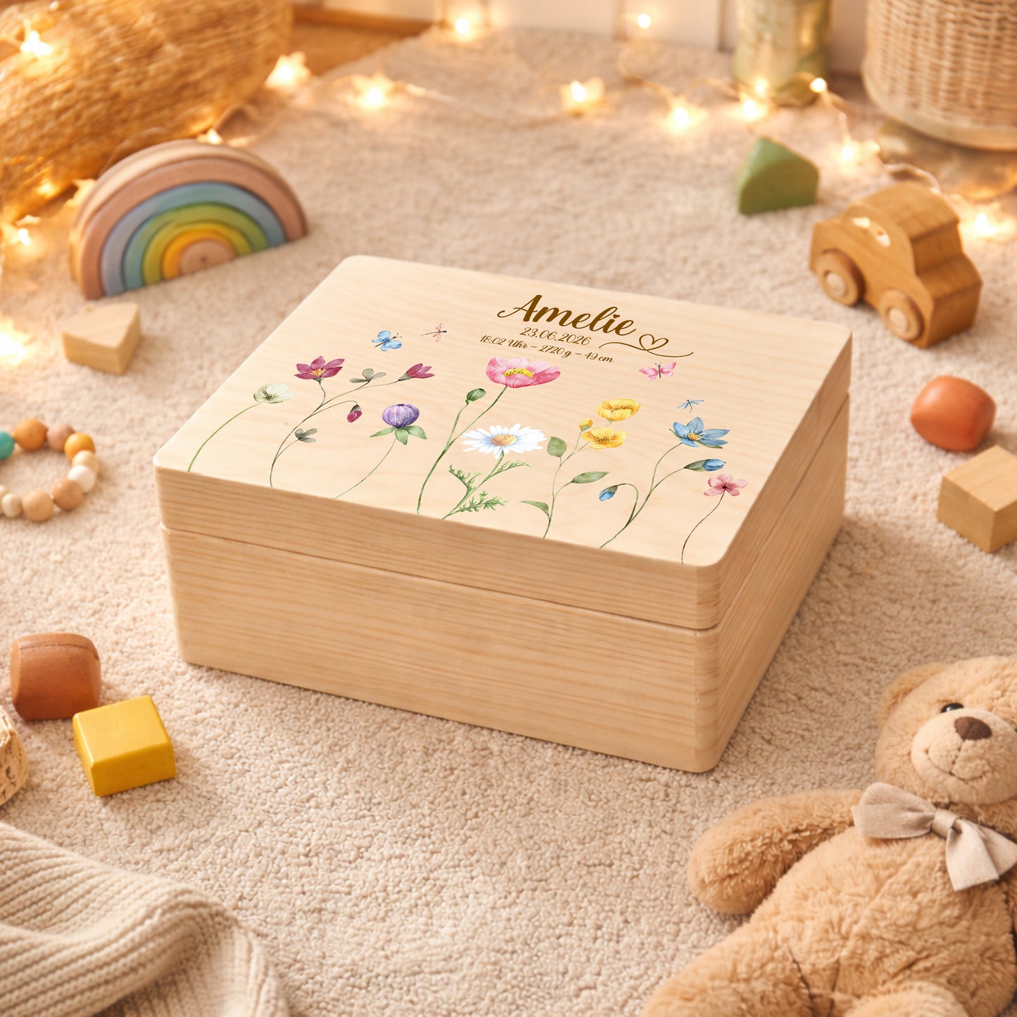 Personalisierte Erinnerungsbox aus Holz mit Wildblumen | Memory Box mit Name & Geburtsdaten