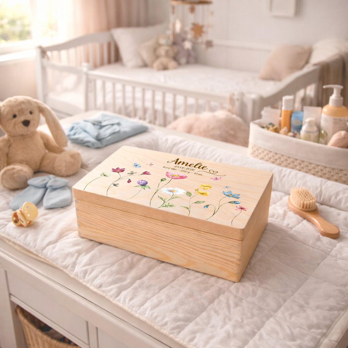 Personalisierte Erinnerungsbox aus Holz mit Wildblumen | Memory Box mit Name & Geburtsdaten