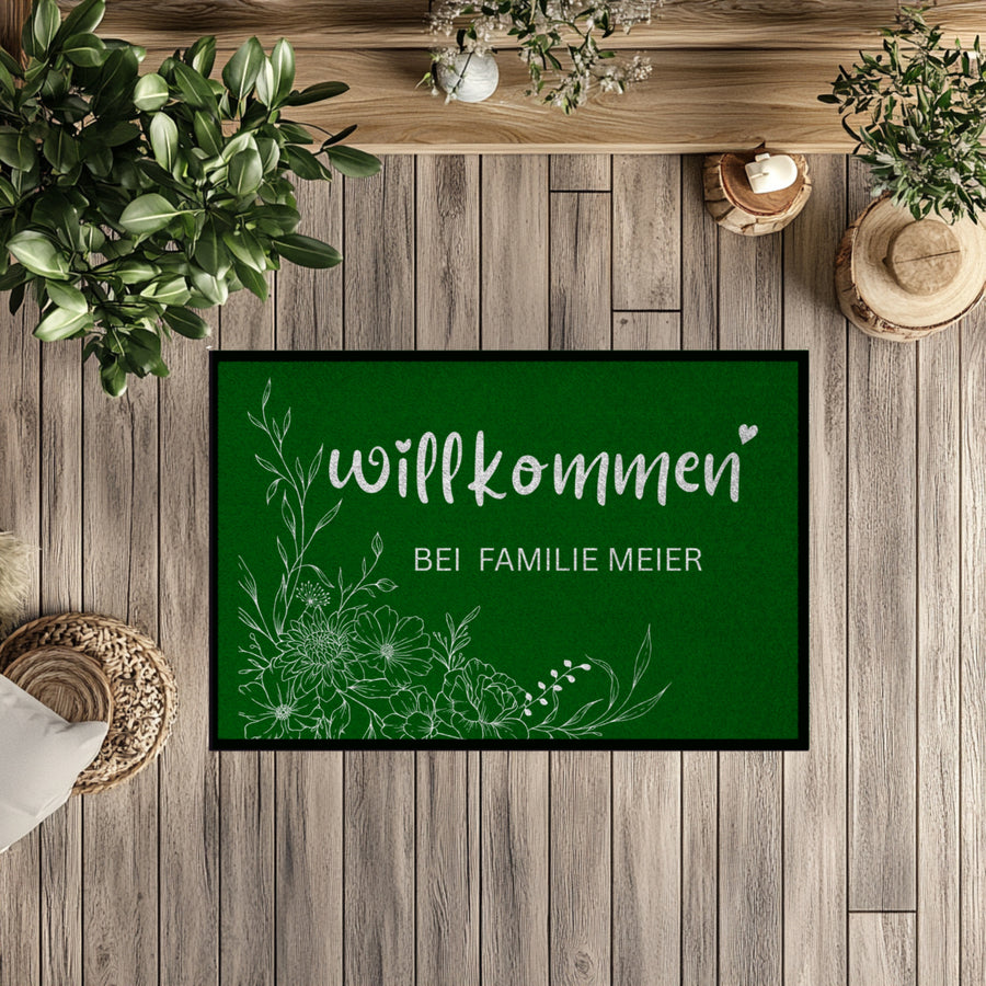 Personalisierte Blumen Willkommen Fußmatte mit Familiennamen – Individuelle Eingangsmatte, Geschenk zum Einzug