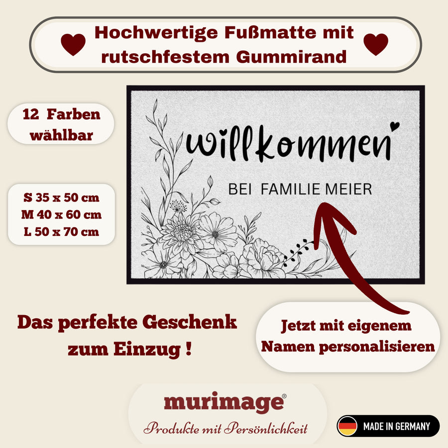 Personalisierte Blumen Willkommen Fußmatte mit Familiennamen – Individuelle Eingangsmatte, Geschenk zum Einzug