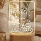 Personalisierte LED Acryl Lampe mit Name & Geburtsdatum – Blumen Nachtlicht als Geschenk zur Geburt, Kinderzimmer Deko