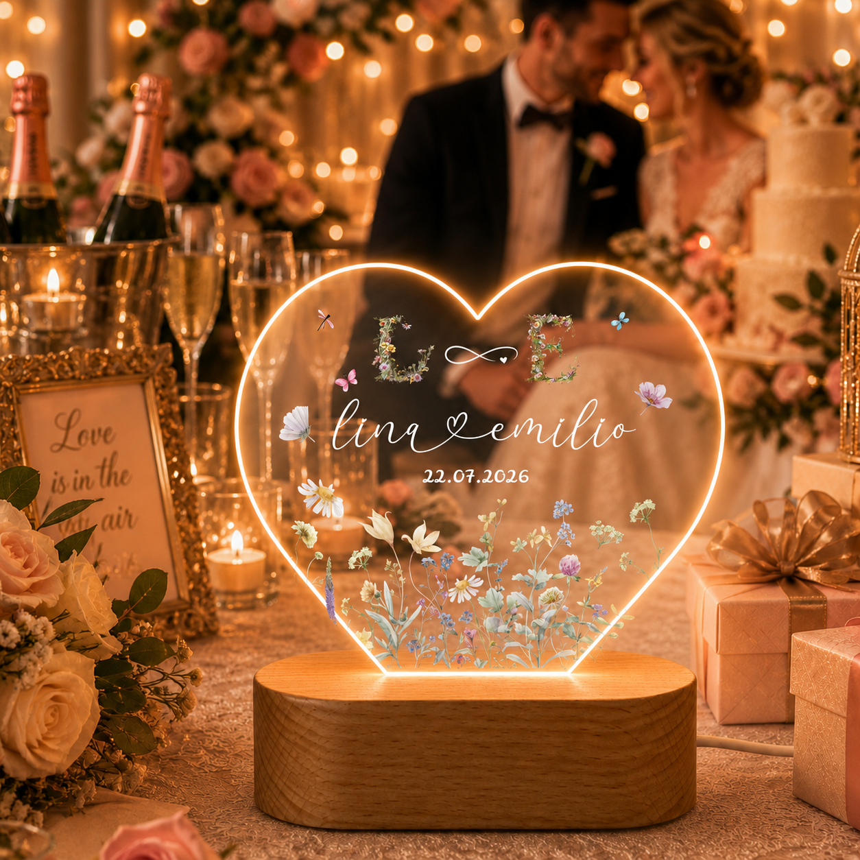 Personalisiertes Hochzeit Nachtlicht mit Wildblumen Monogramm – LED Acryl Lampe für Paare