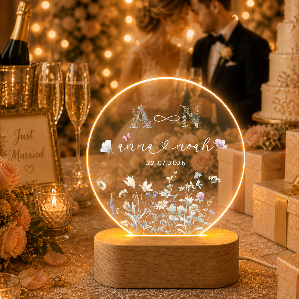 Personalisiertes Hochzeit Nachtlicht mit Wildblumen Monogramm – LED Acryl Lampe für Paare