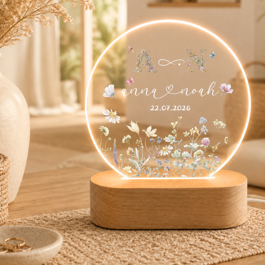 Personalisiertes Hochzeit Nachtlicht mit Wildblumen Monogramm – LED Acryl Lampe für Paare