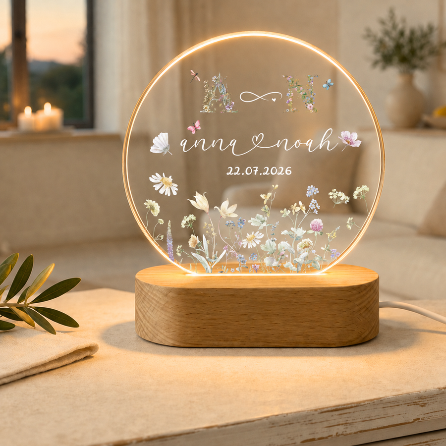 Personalisiertes Hochzeit Nachtlicht mit Wildblumen Monogramm – LED Acryl Lampe für Paare