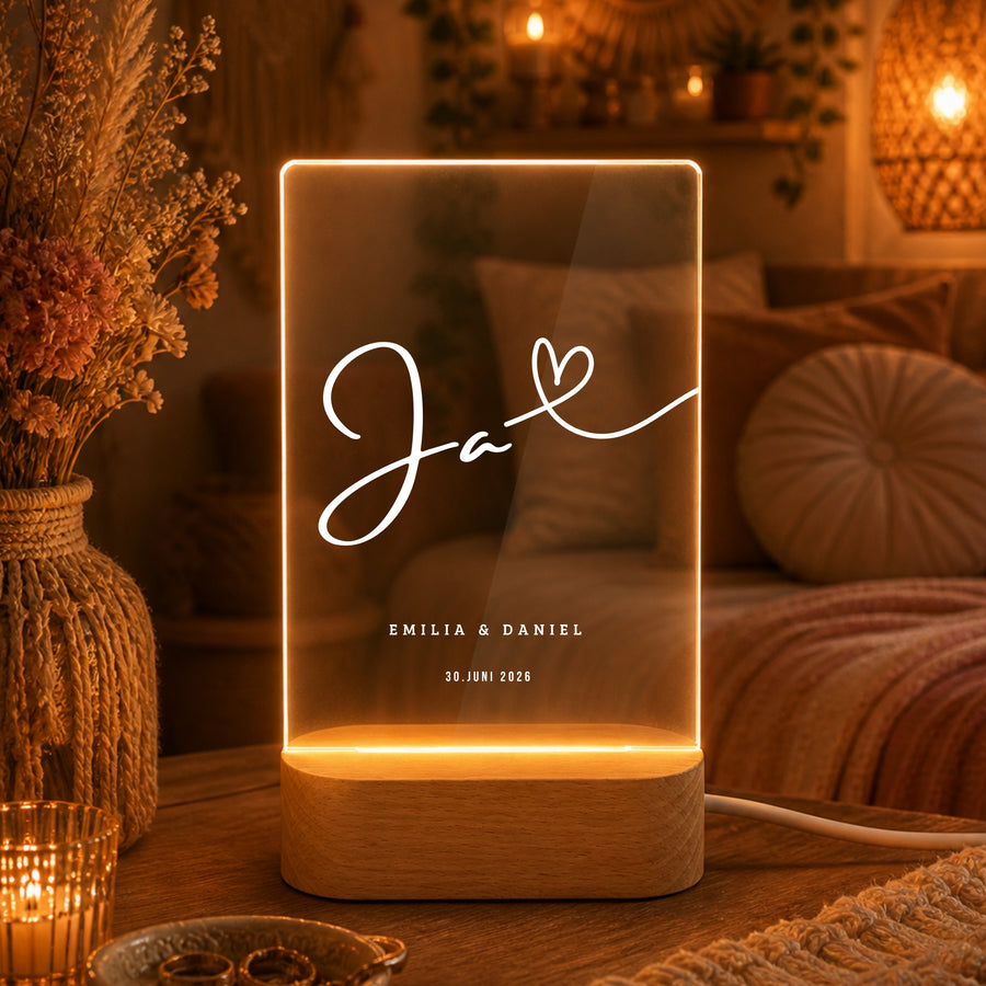 Personalisiertes „Ja“ Hochzeit Nachtlicht mit Namen & Datum – Romantische LED Acryl Lampe für Paare & Hochzeitsgeschenk