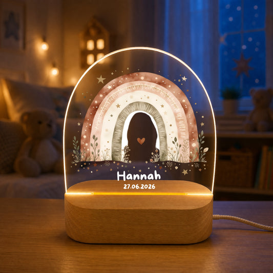 Personalisiertes Nachtlicht mit Regenbogen – LED Acryl Lampe mit Name & Geburtsdatum – Geschenk zur Geburt oder Taufe