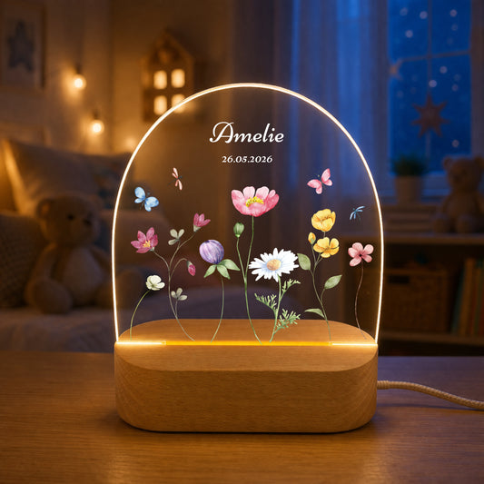 Personalisiertes LED Nachtlicht Halbkreis mit Wildblumen & Name + Datum