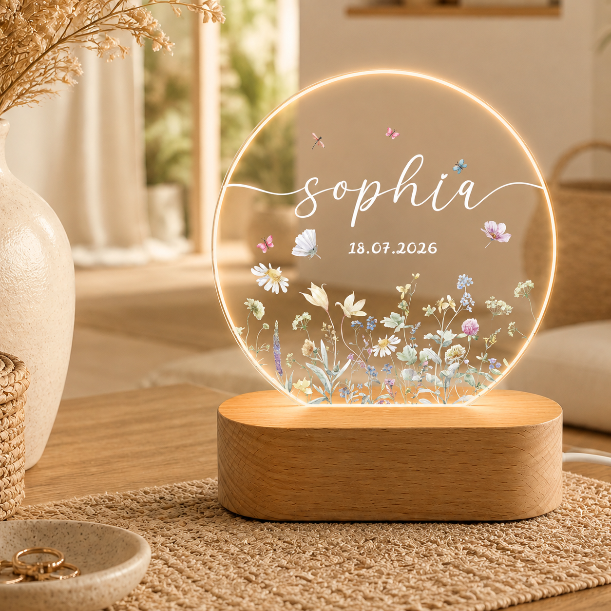 Personalisierte LED Acryl Lampe mit Name & Geburtsdatum – Blumen Nachtlicht als Geschenk zur Geburt, Kinderzimmer Deko