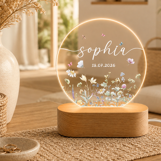 Personalisierte LED Acryl Lampe mit Name & Geburtsdatum – Blumen Nachtlicht als Geschenk zur Geburt, Kinderzimmer Deko