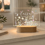 Personalisierte LED Acryl Lampe mit Name & Geburtsdatum – Blumen Nachtlicht als Geschenk zur Geburt, Kinderzimmer Deko