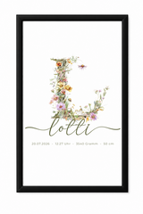 Poster Wildblumen Monogramm Love Line Schrift – Personalisiertes Namensposter mit Geburtsdaten & Initiale