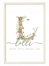 Poster Wildblumen Monogramm Love Line Schrift – Personalisiertes Namensposter mit Geburtsdaten & Initiale