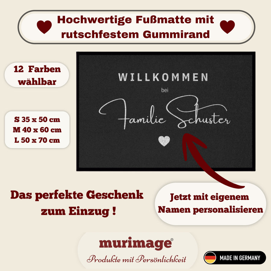 Personalisierte Willkommen Fußmatte mit Familiennamen – Individuelle Türmatte mit rutschfestem Gummirand, Geschenk zum Einzug