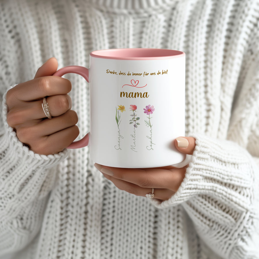 Personalisierte Mama Tasse mit Kindernamen & Blumen | Keramiktasse mit liebevoller Botschaft