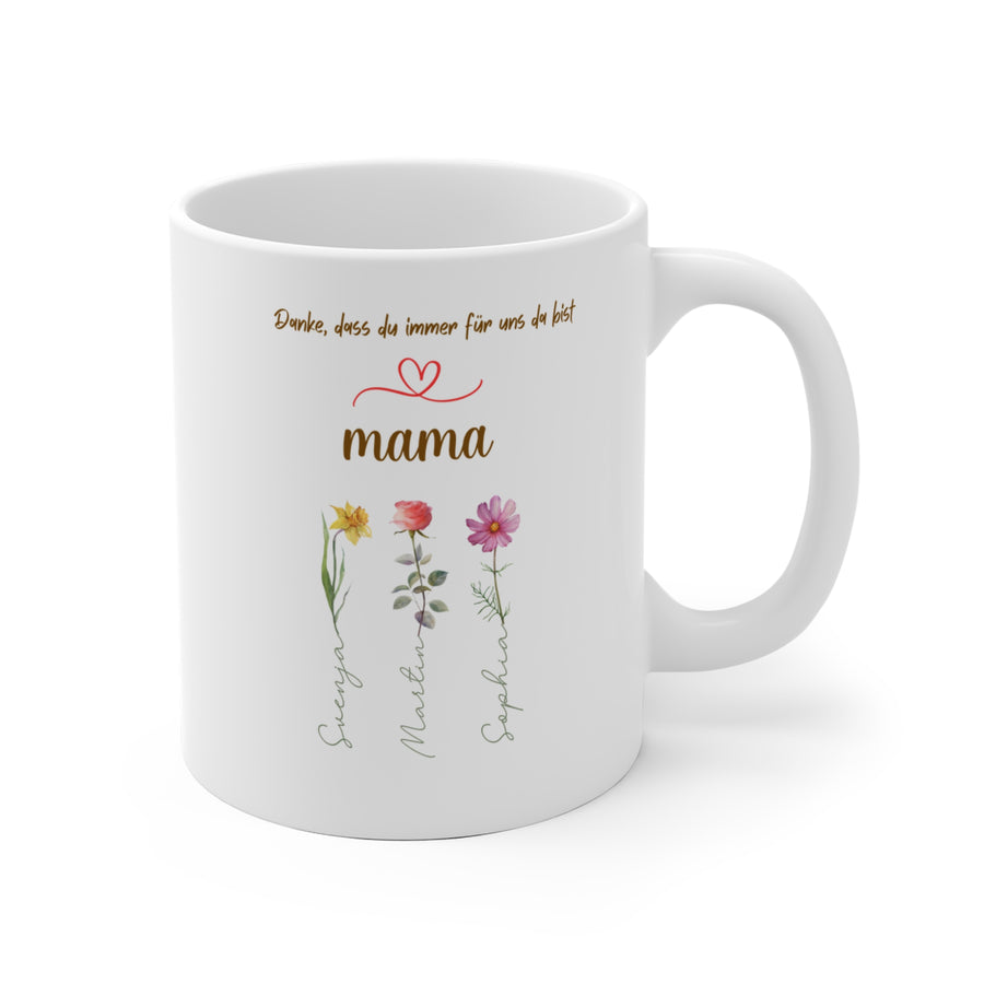 Personalisierte Mama Tasse mit Kindernamen & Blumen | Keramiktasse mit liebevoller Botschaft