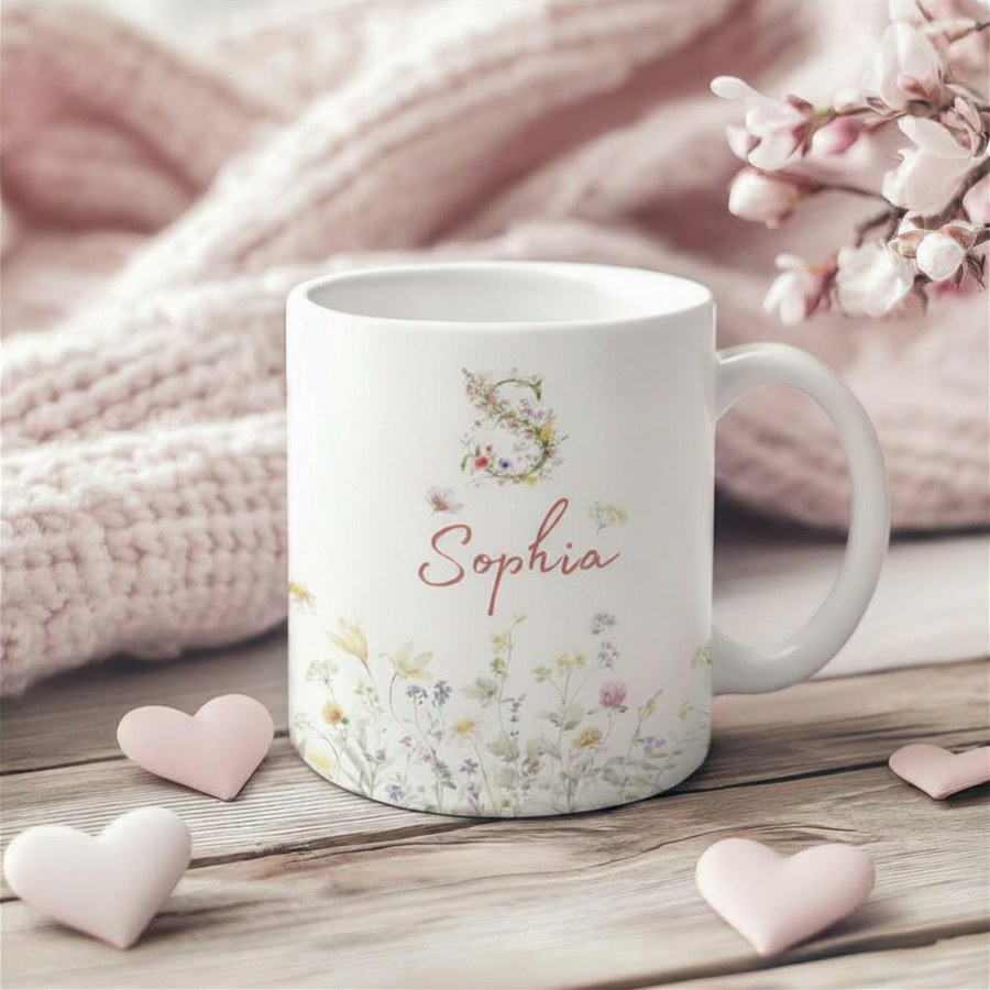 Personalisierte Wildblumen Tasse mit Initiale & Name | Individuelle Blumen Monogramm Keramiktasse für Frauen & Mädchen