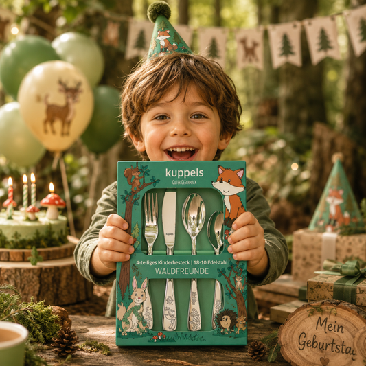 Personalisiertes Kinderbesteck Waldfreunde-Design mit Namensgravur aus Edelstahl